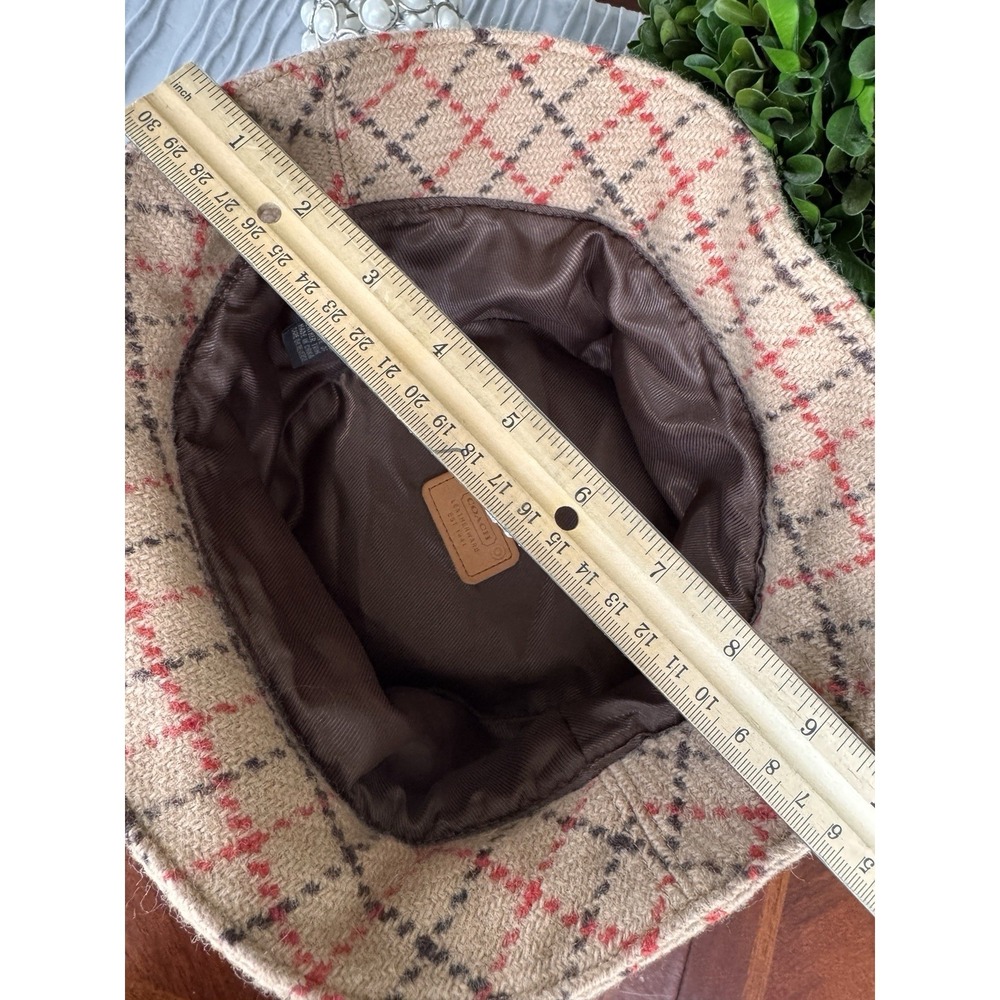 VTG. Coach Hat Tan Wool Brown Orange Plaid Leather Band Bucket Equestrian M/L - Picture 8 of 9